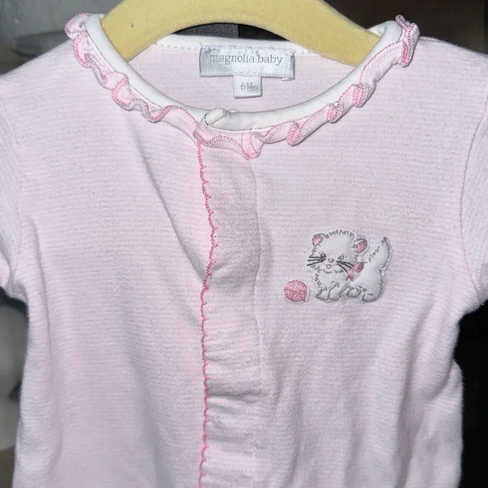 Magnolia Baby girl footies onesie kitty cat embroidered sleeper ruffles snaps
